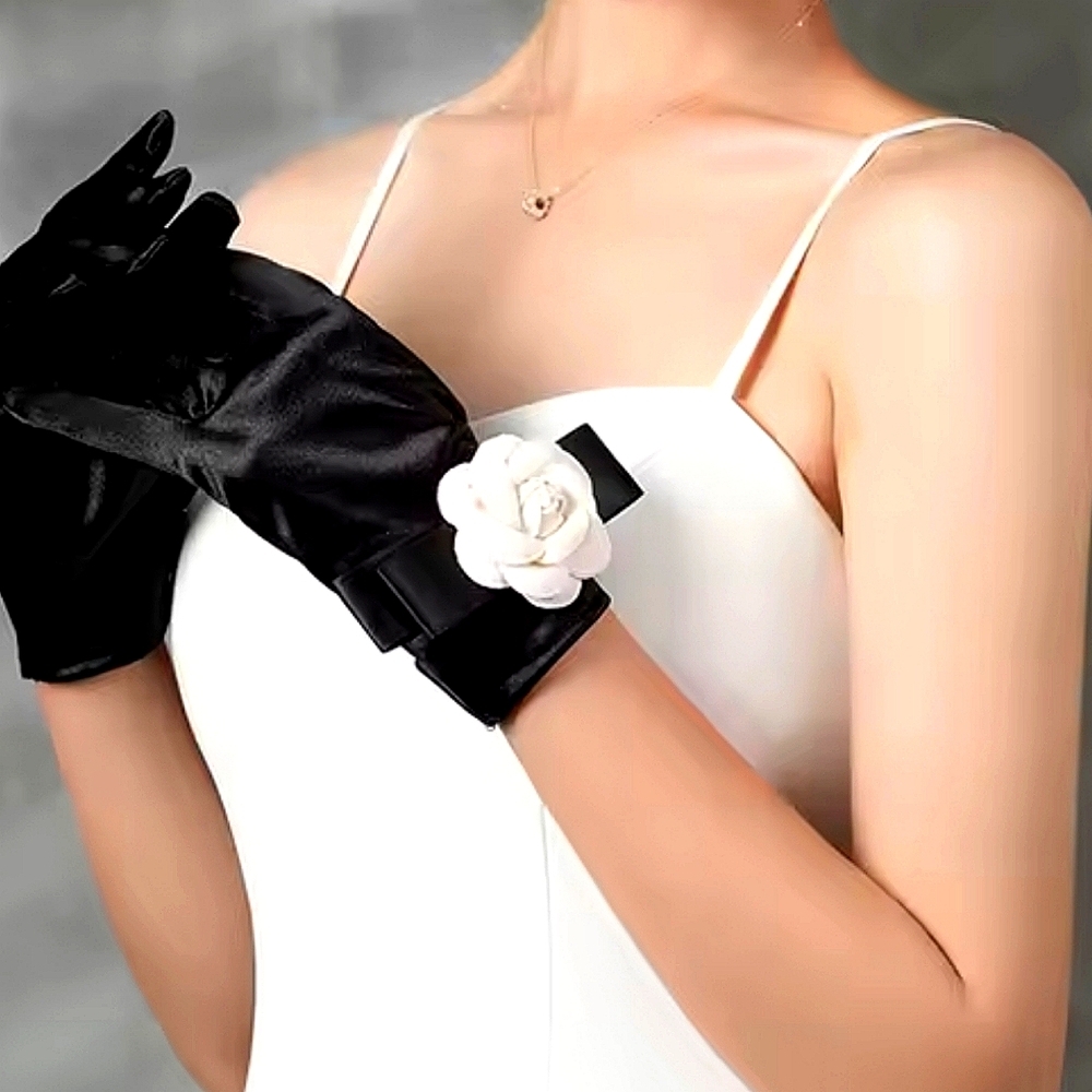 Elegant Black Gloves White Floral Accent Tea Church Brunch Bridal Formal Derby